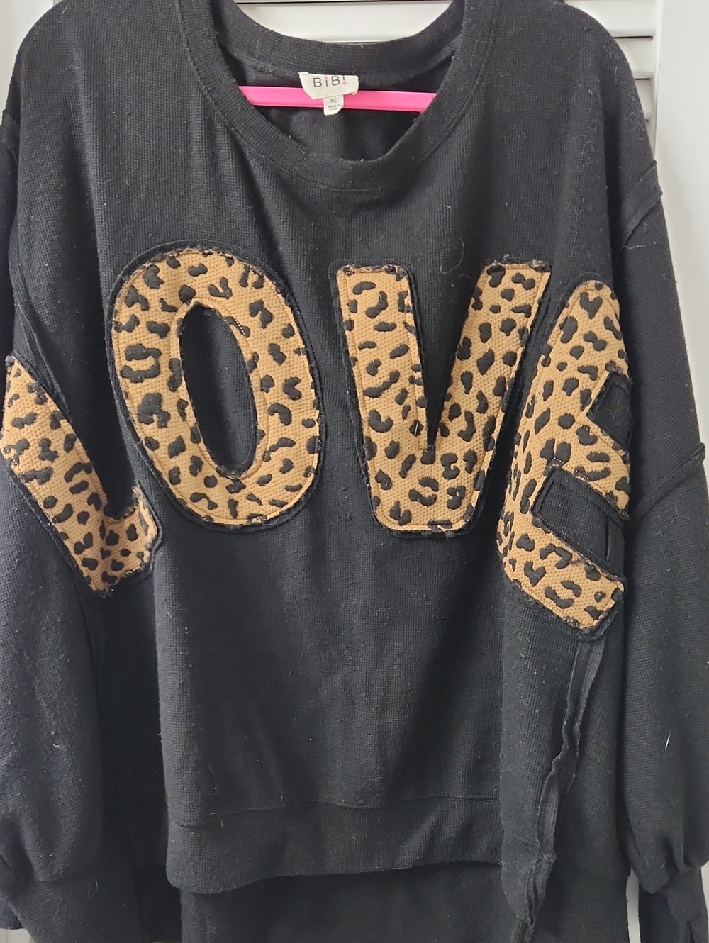 BiBi Black Crewneck Sweater with Leopard-Print LOVE Appliqué